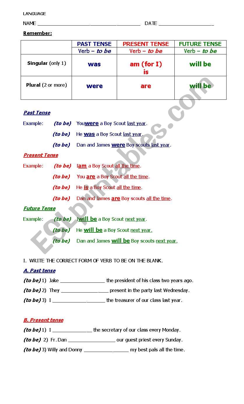 Verbs to be, Present tense, Past tense, Future tense (am is are, was were, will be)