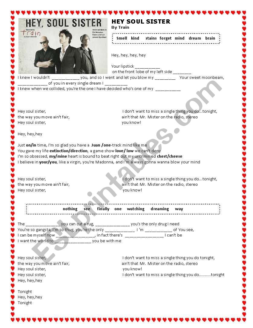 Hey soul sister by train worksheet