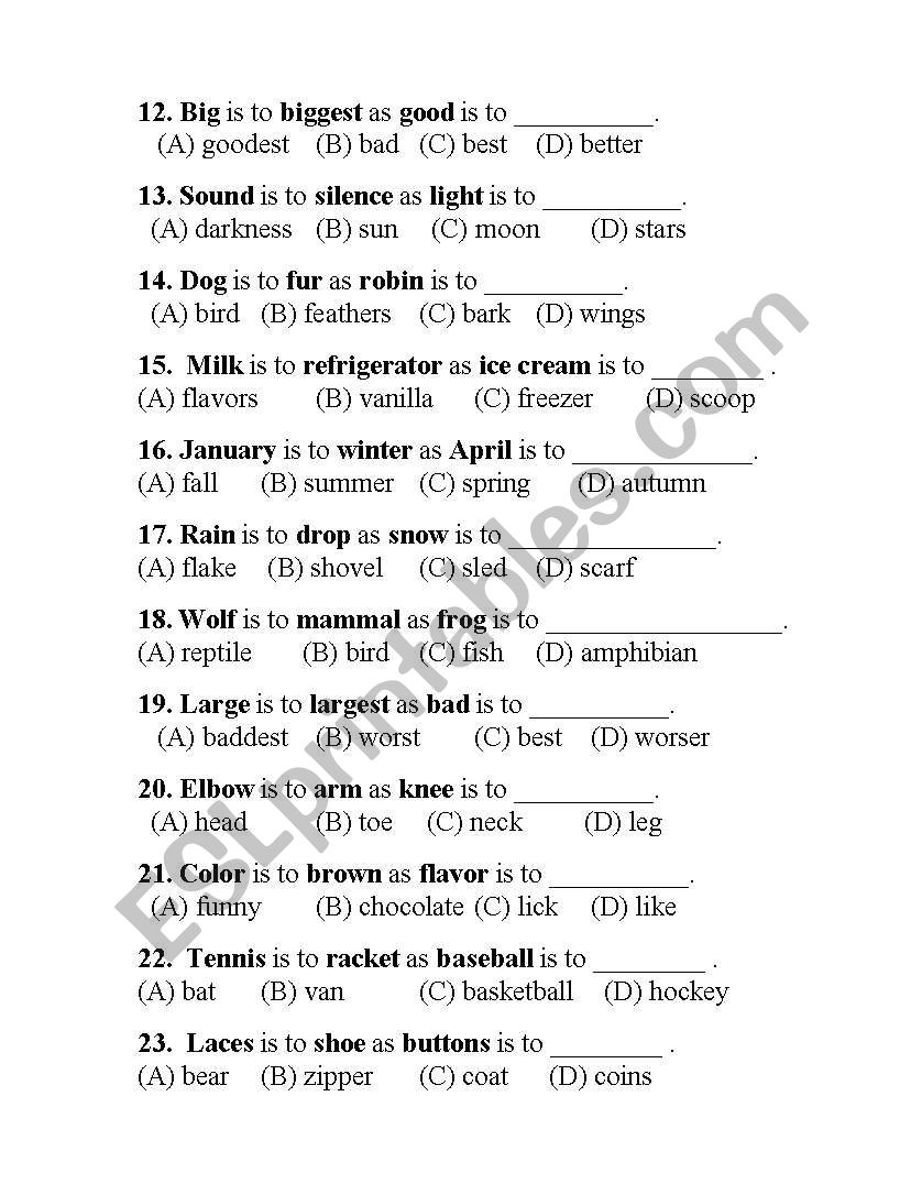 Analogies worksheet