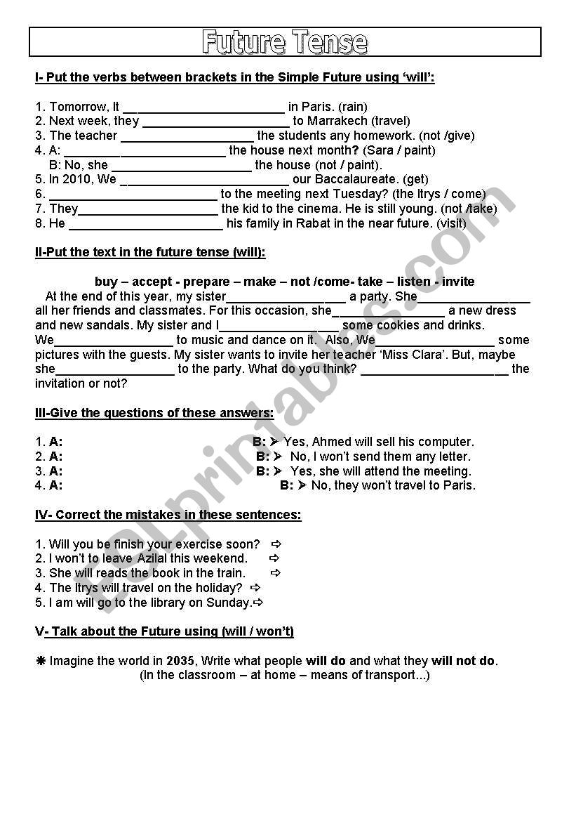 future tense will/wont worksheet