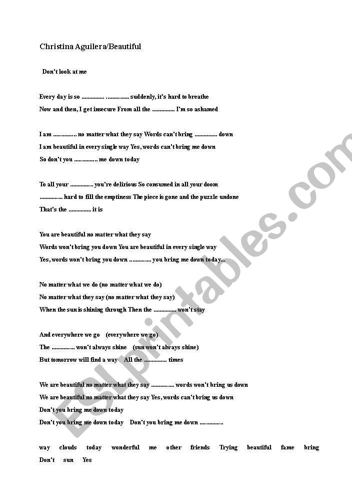 Christina Aguilera/Beautiful/ Song Worksheet