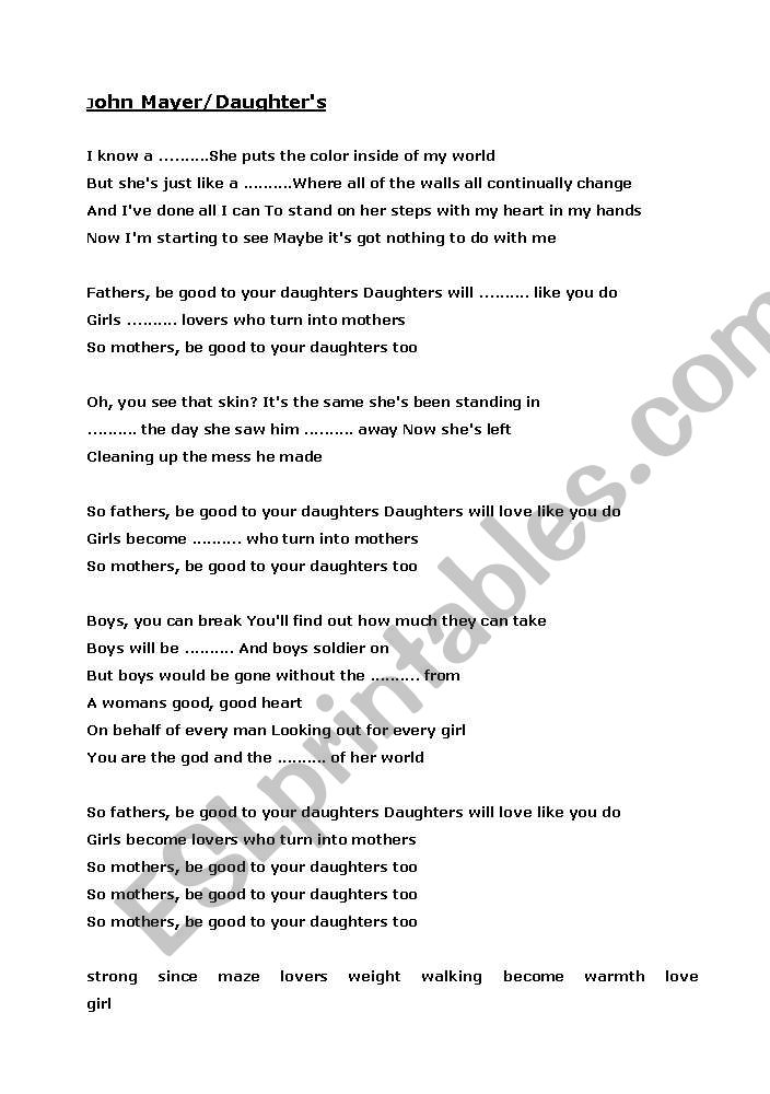 John Mayer/Daughters Song Worksheet