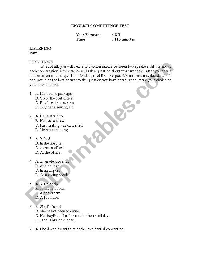 english test competence worksheet