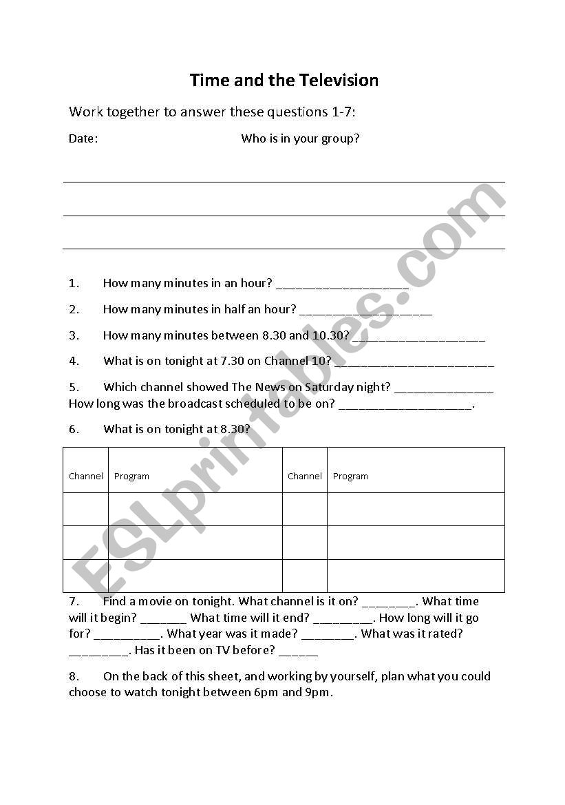 TV Guide and Time worksheet