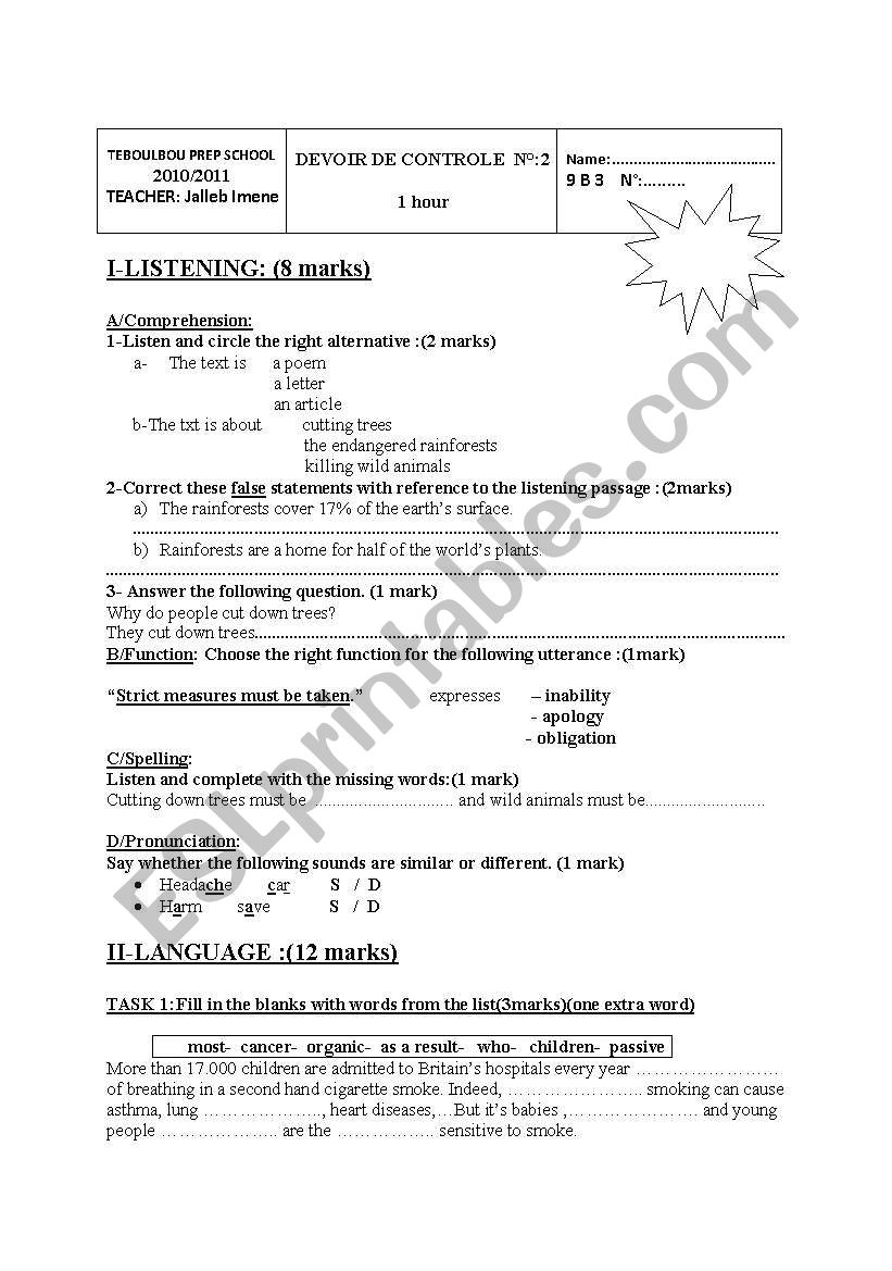 test 9 th form worksheet