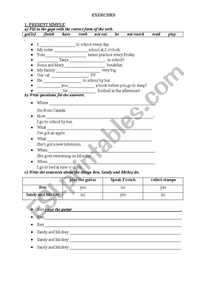 Exercises worksheet