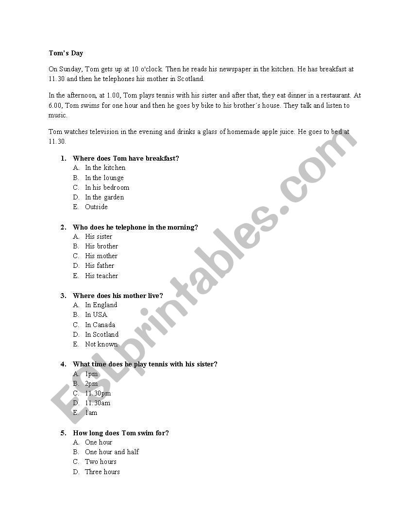 Tomss Day worksheet