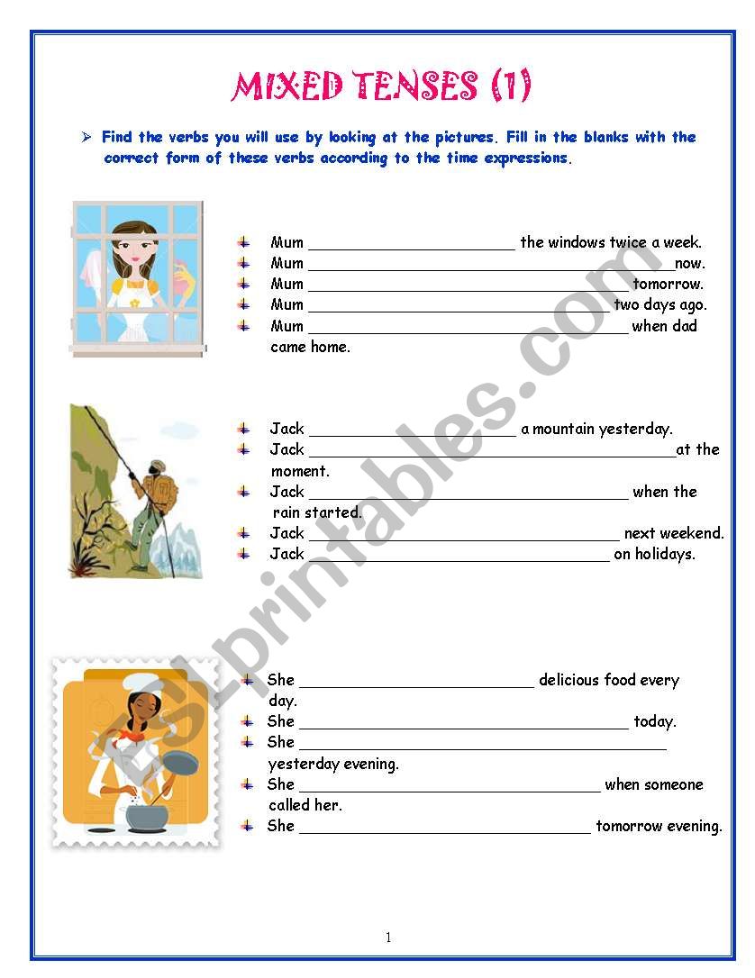 MIXED TENSES WITH TIME EXPRESSIONS- WITH PICTURES- ALL COLOURFUL-2 PAGES