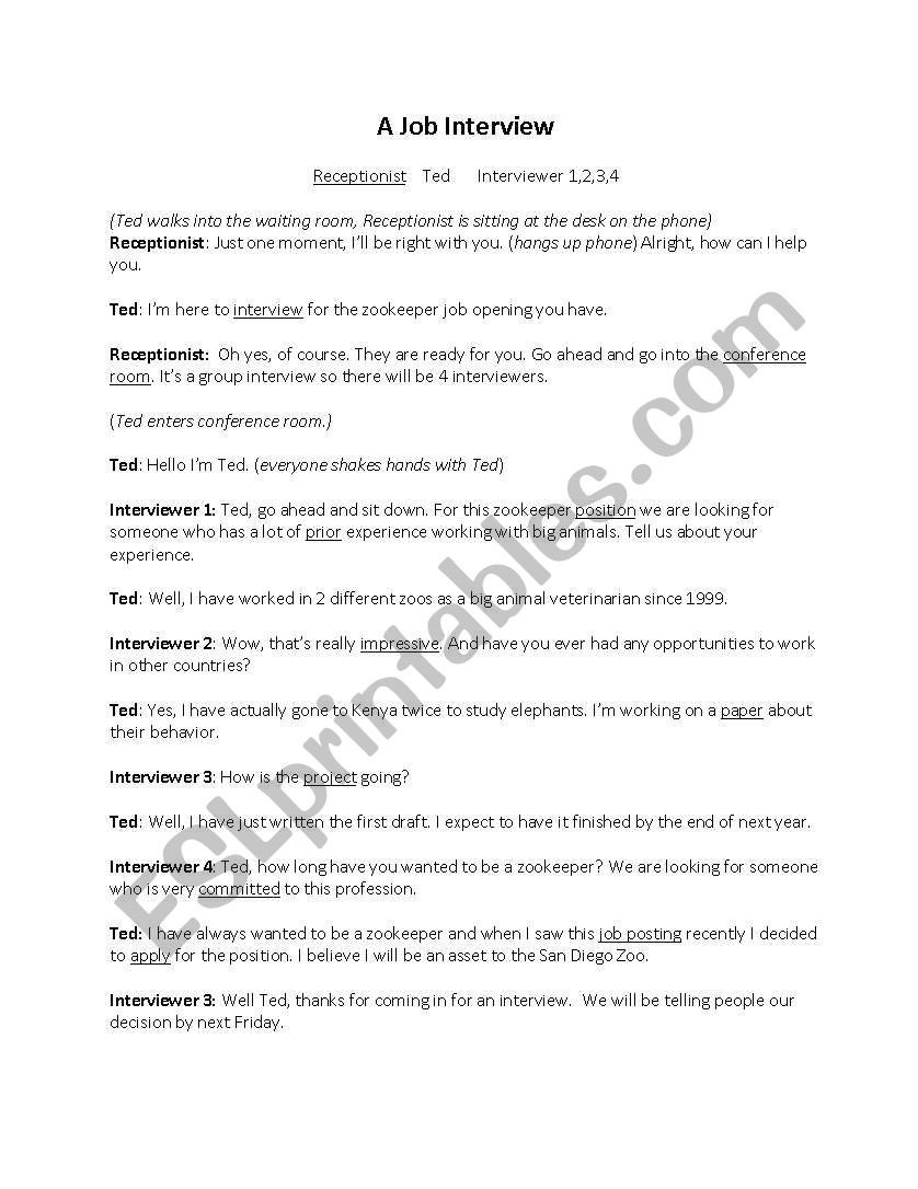 Job Interview Dialogue worksheet