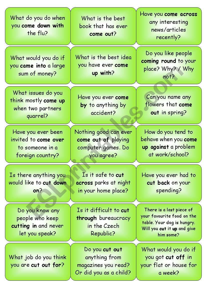 Phrasal verbs - come, cut - question cards - ESL worksheet by Petpet