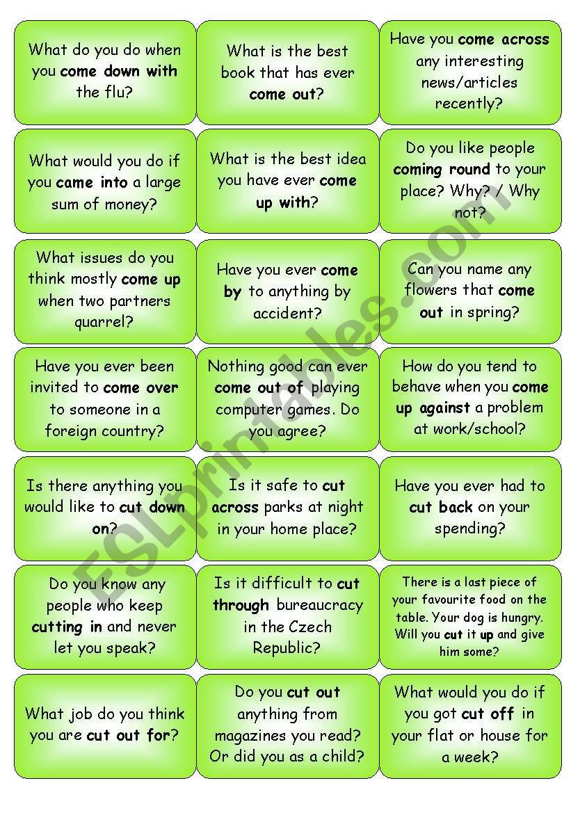 Phrasal verbs - come, cut - question cards