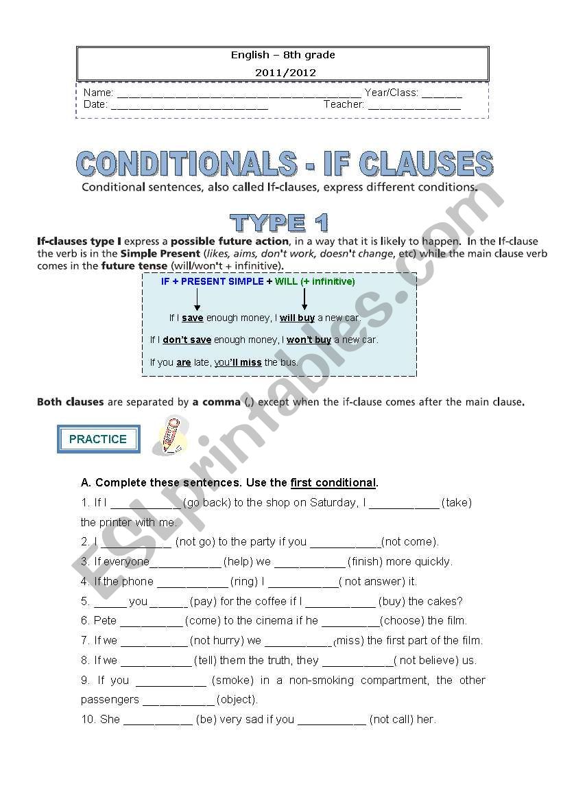 If clauses Type I and II worksheet