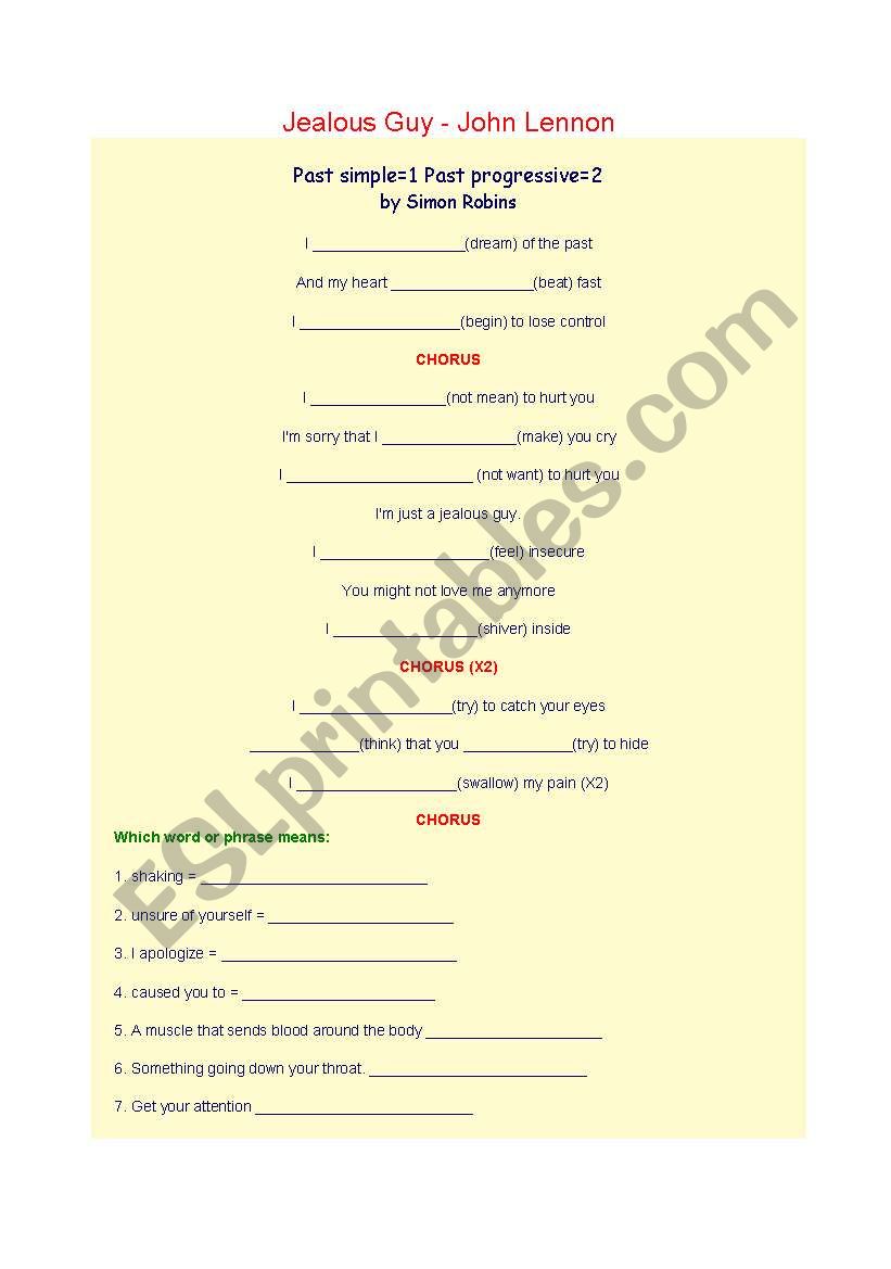 song- jealous guyl worksheet