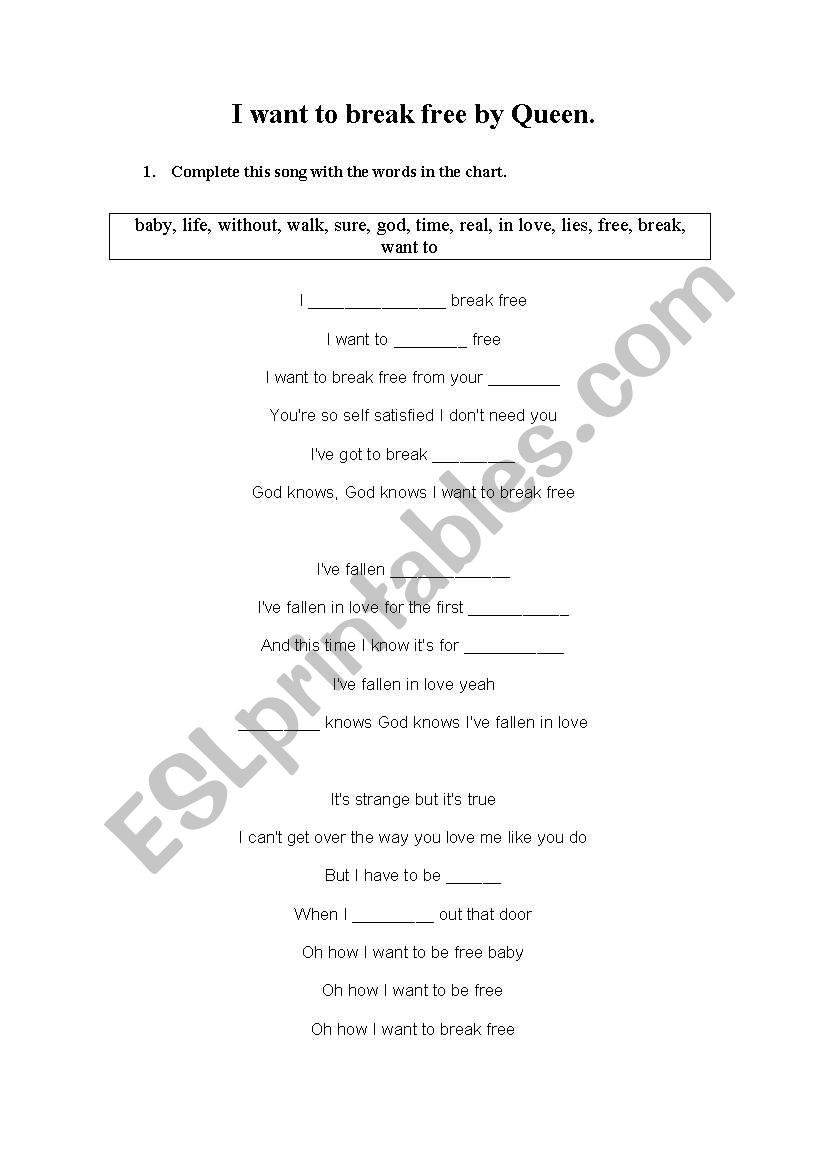 English worksheets song i want to break free by queen fill in the