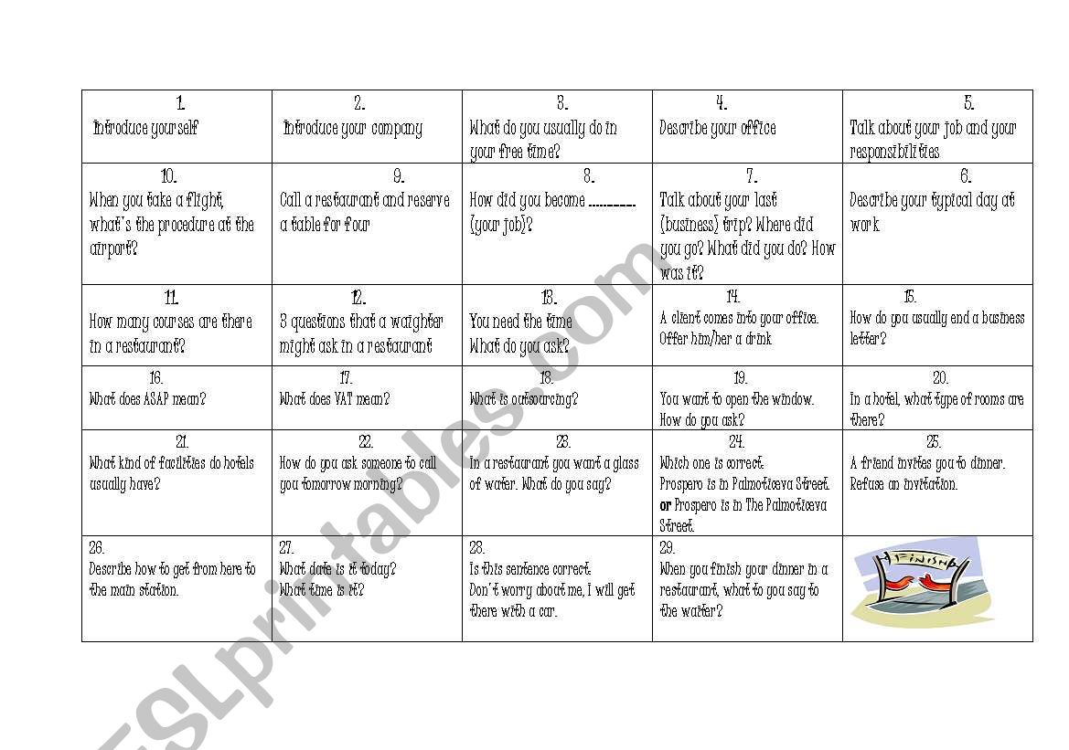 Business Basics BOARD GAME worksheet