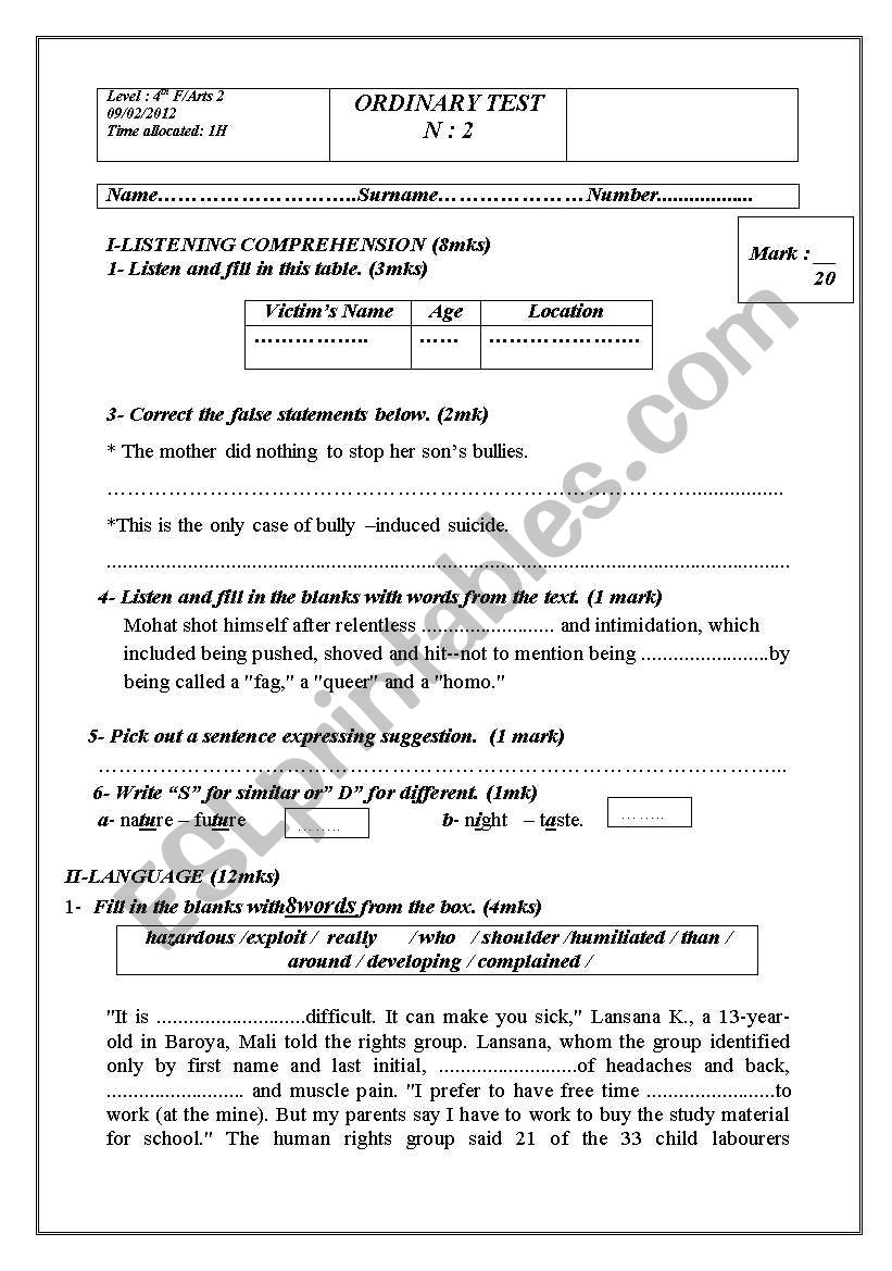 ordinary test for 4th form arts N:2