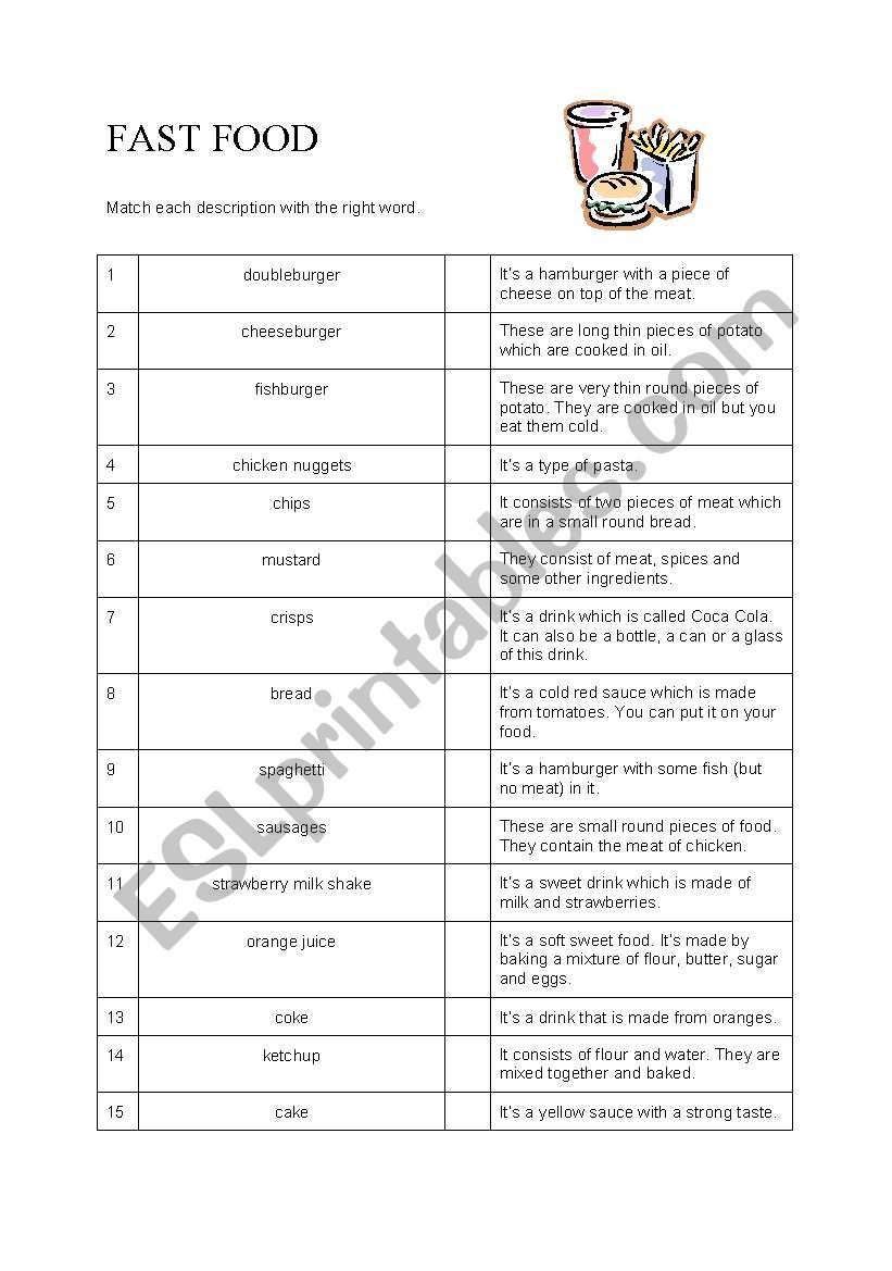 fast food, vocabulary + key worksheet