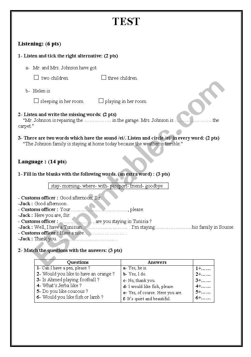 listening and language test worksheet