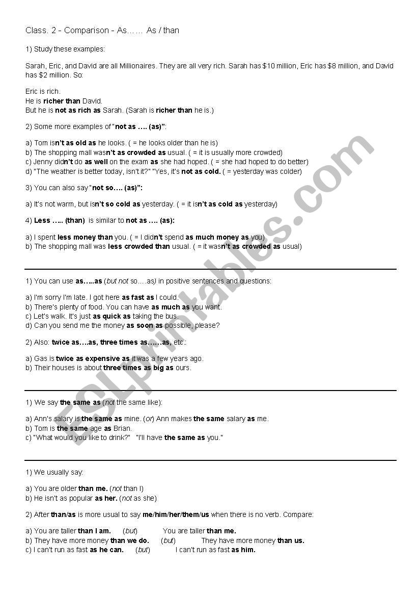 Comparison as... as / than worksheet