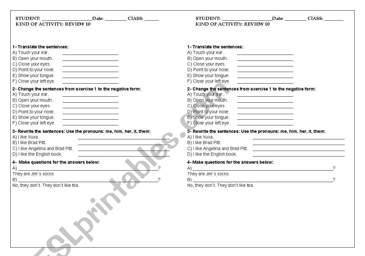 REVIEW 10 7 TH GRADE, IMPERATIVE AFFIRMATIVE, NEGATIVE, OBJECT PRONOUNS