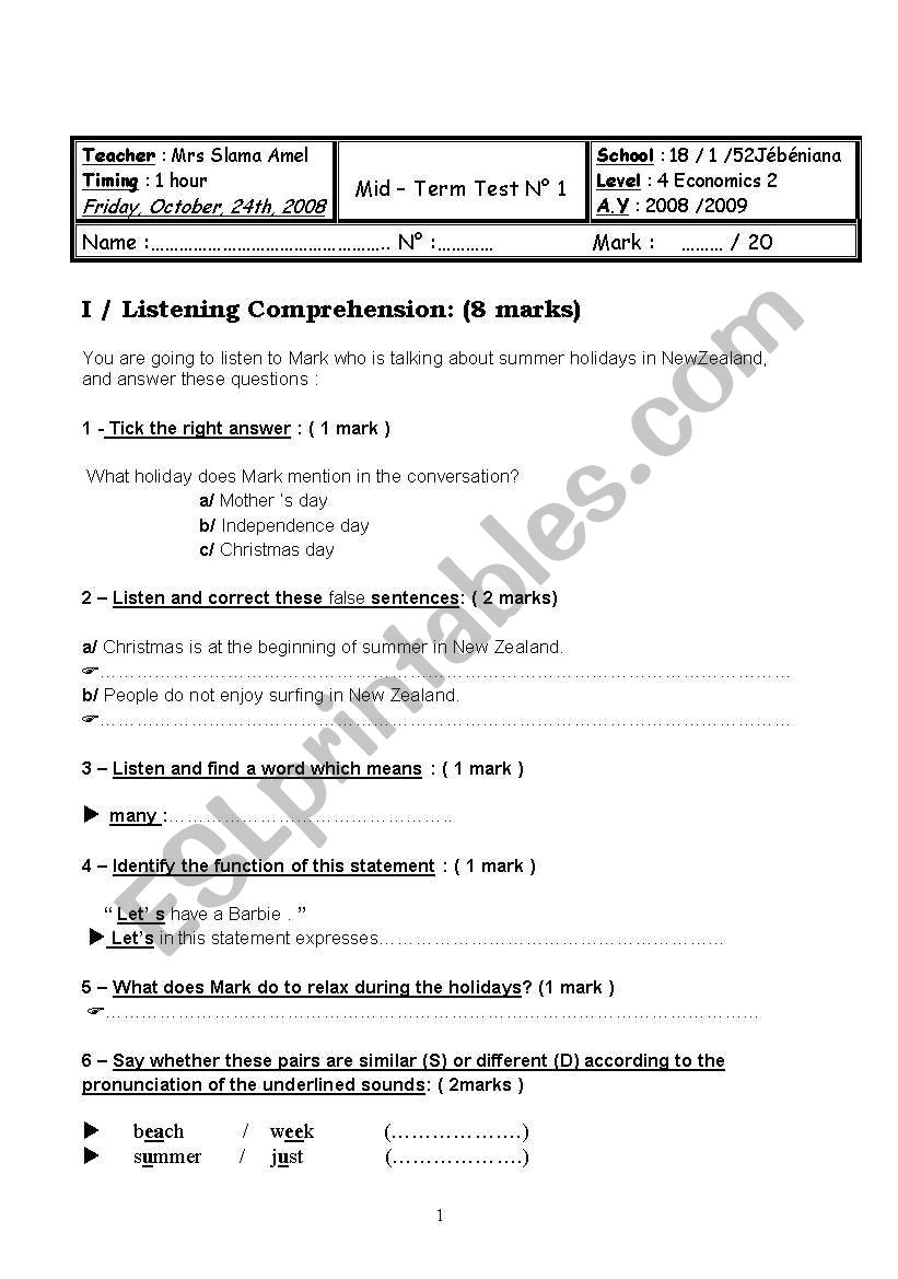 Mid term test N2 worksheet