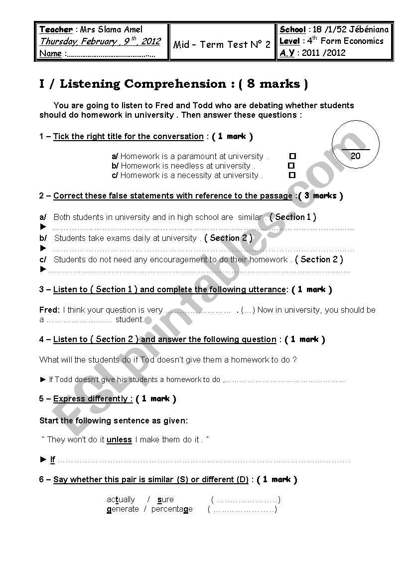 mid term test N2 worksheet