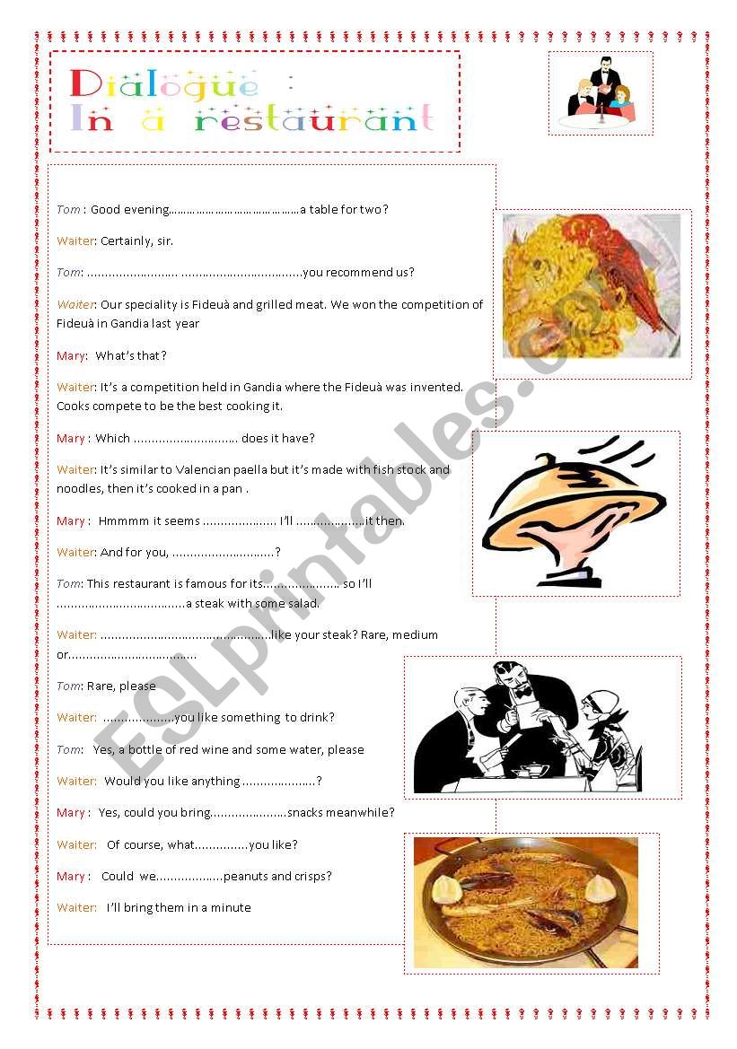 dialogue in a restaurant worksheet