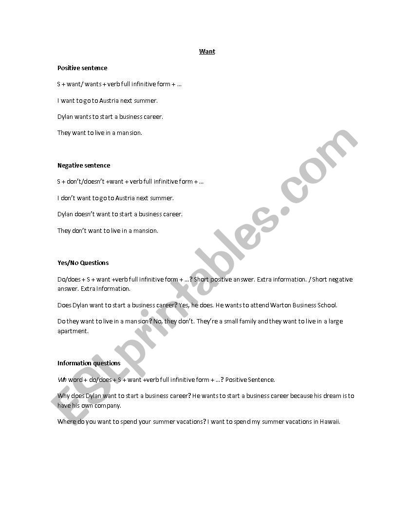 Want Would like worksheet