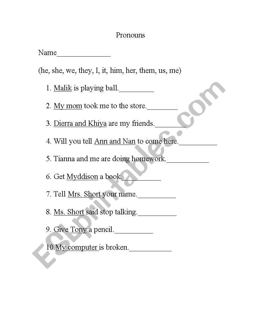 Pronouns worksheet