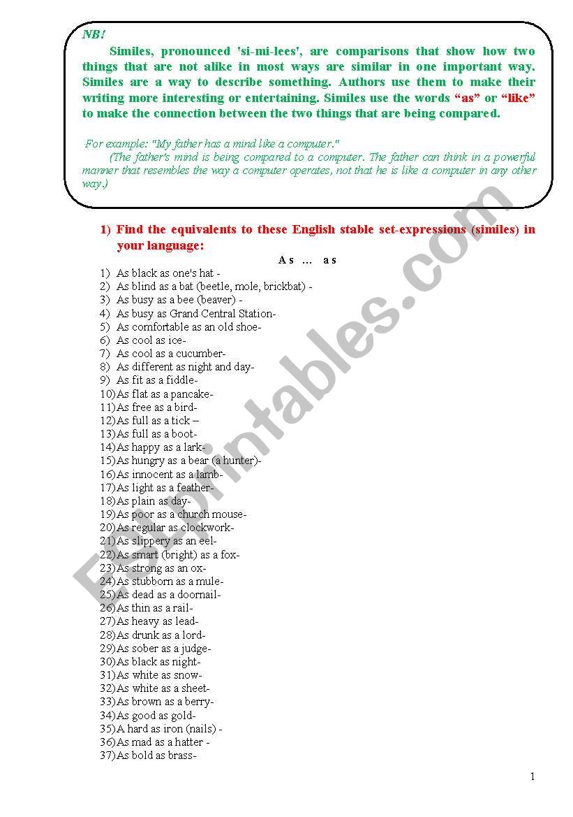 Similes (as, like) worksheet