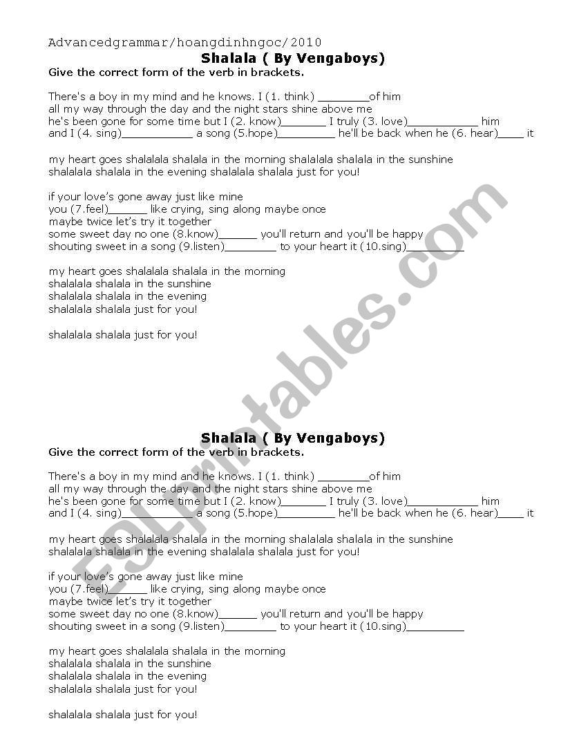 Sha la la worksheet