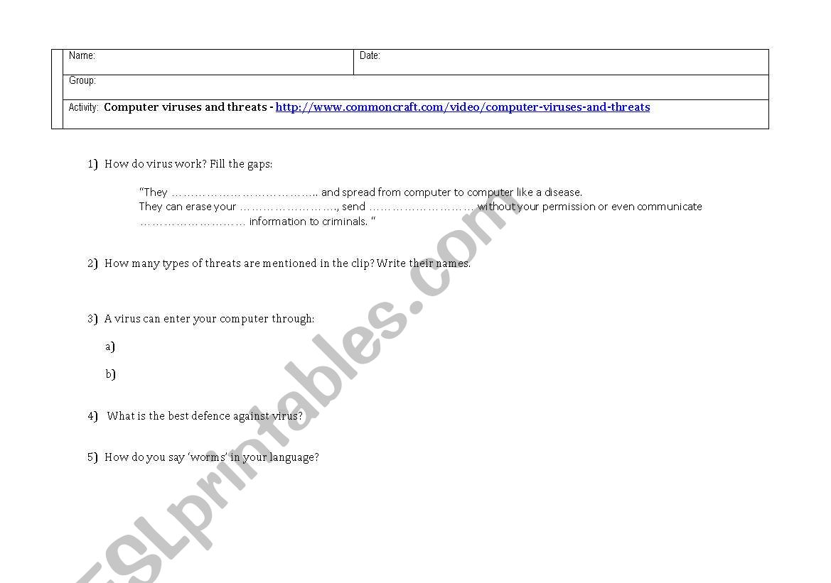 Computer viruses and threats worksheet