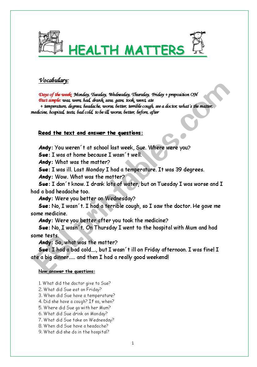 Health matters worksheet