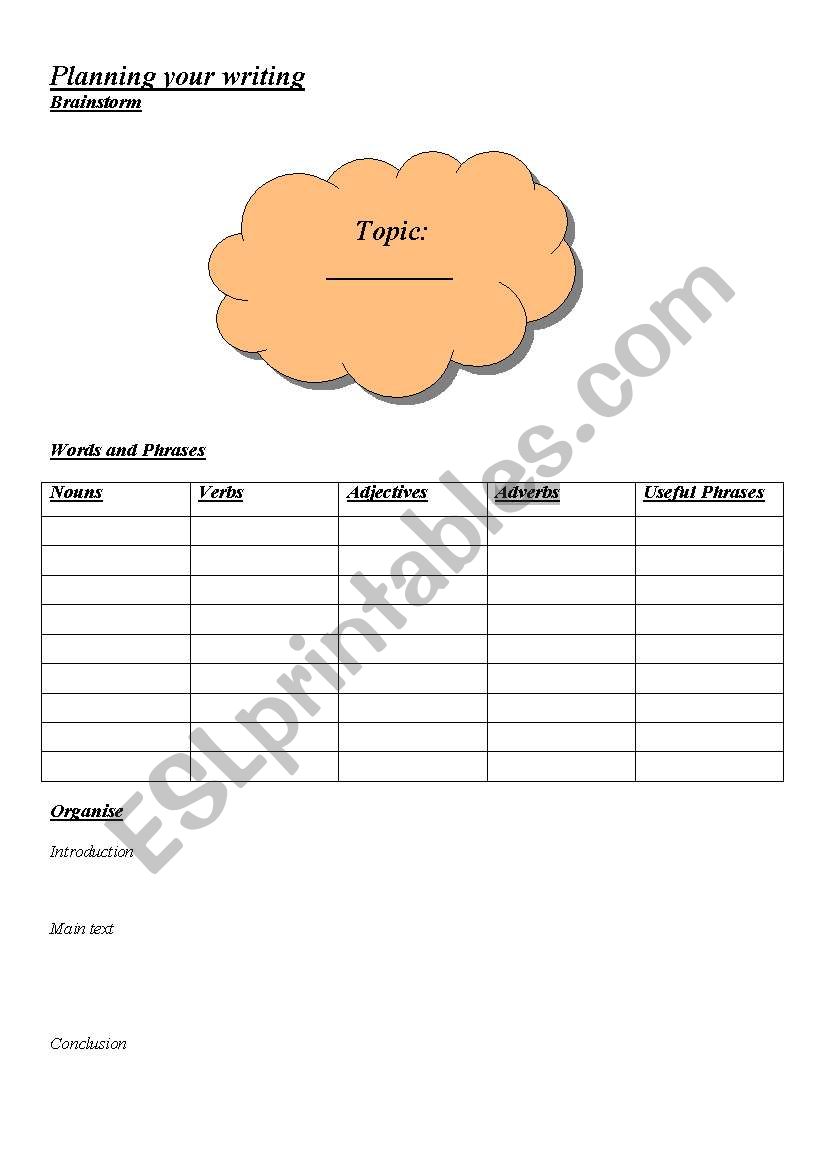 Planning your writing worksheet