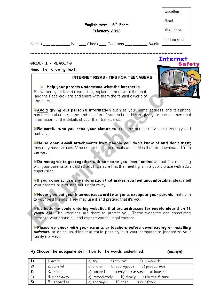 internet tips test worksheet