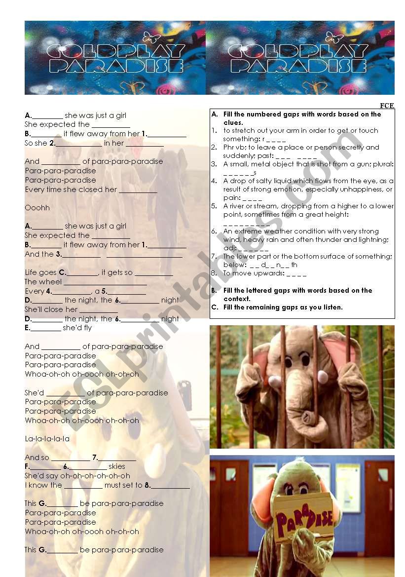 Paradise - Coldplay song and nursery…: English ESL worksheets pdf