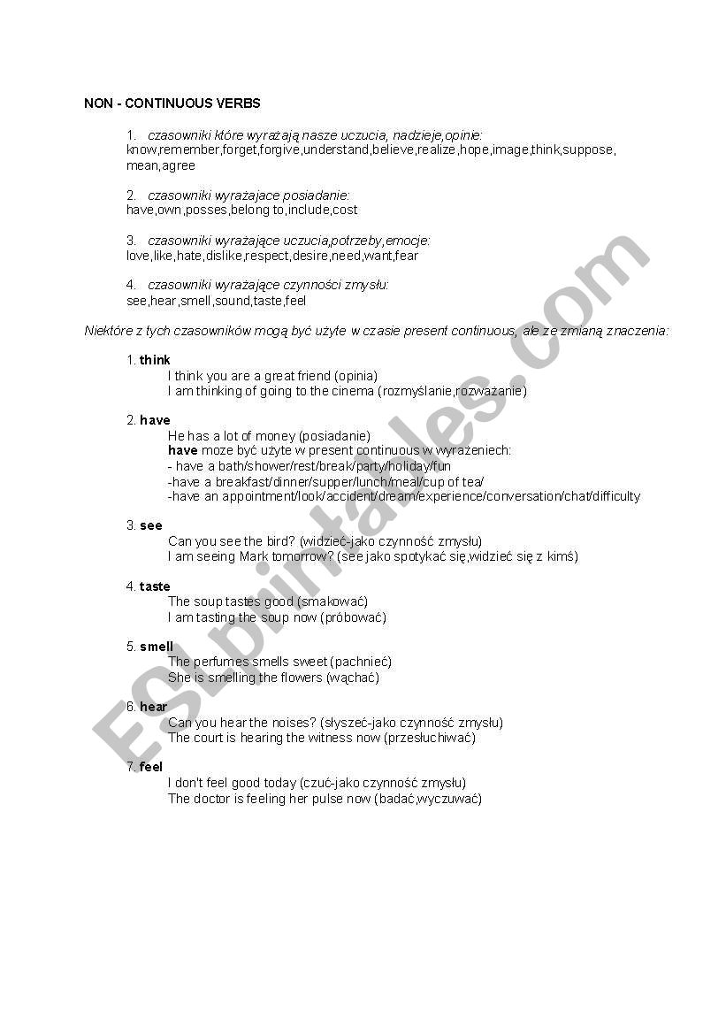 non- continuous verbs worksheet