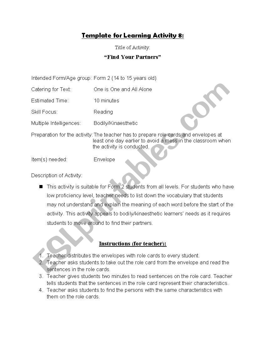 Activity - Find your partners worksheet
