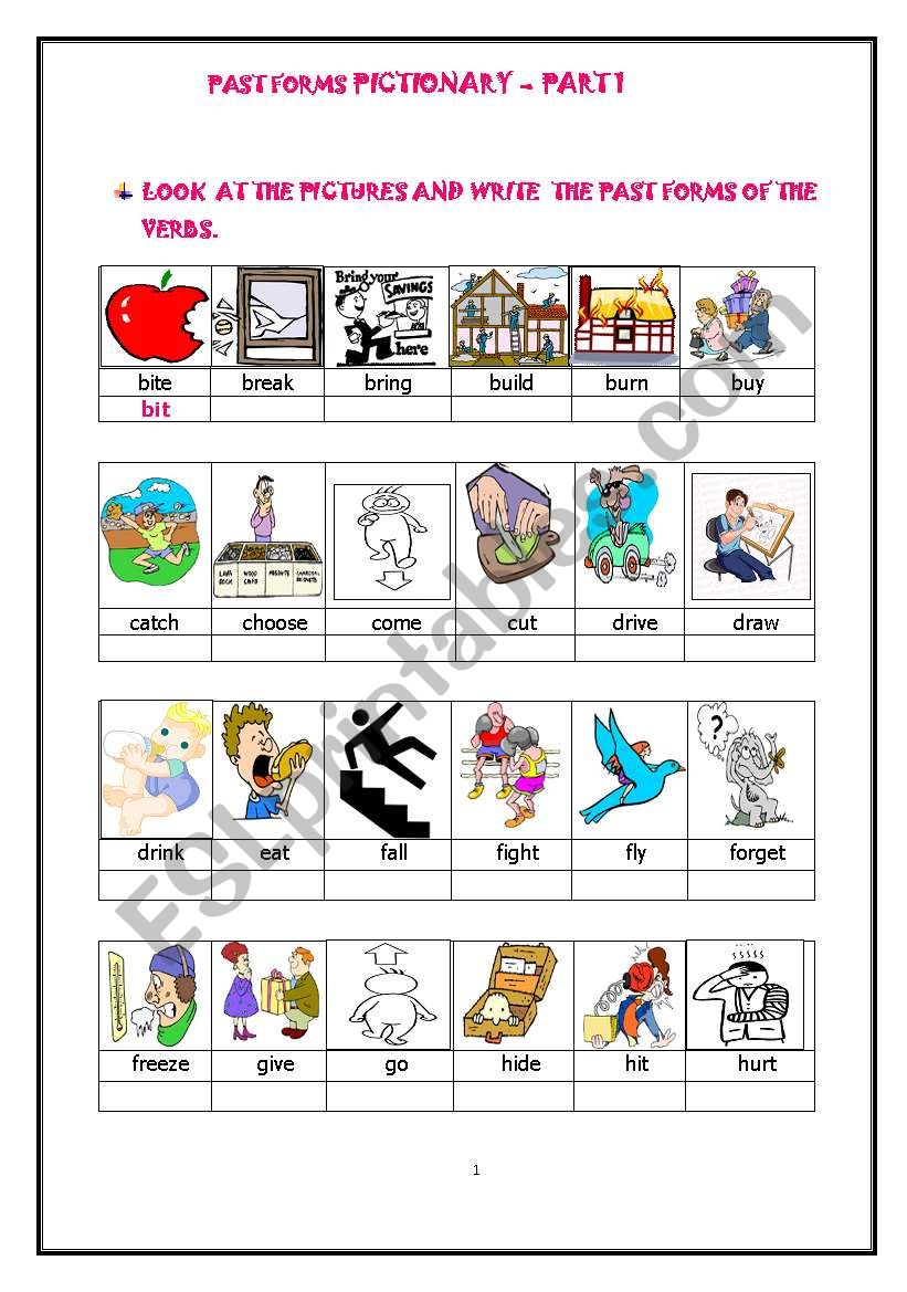 PAST FORMS OF ACTION VERBS - PICTIONARY WORKSHEET - PART 1 of 3