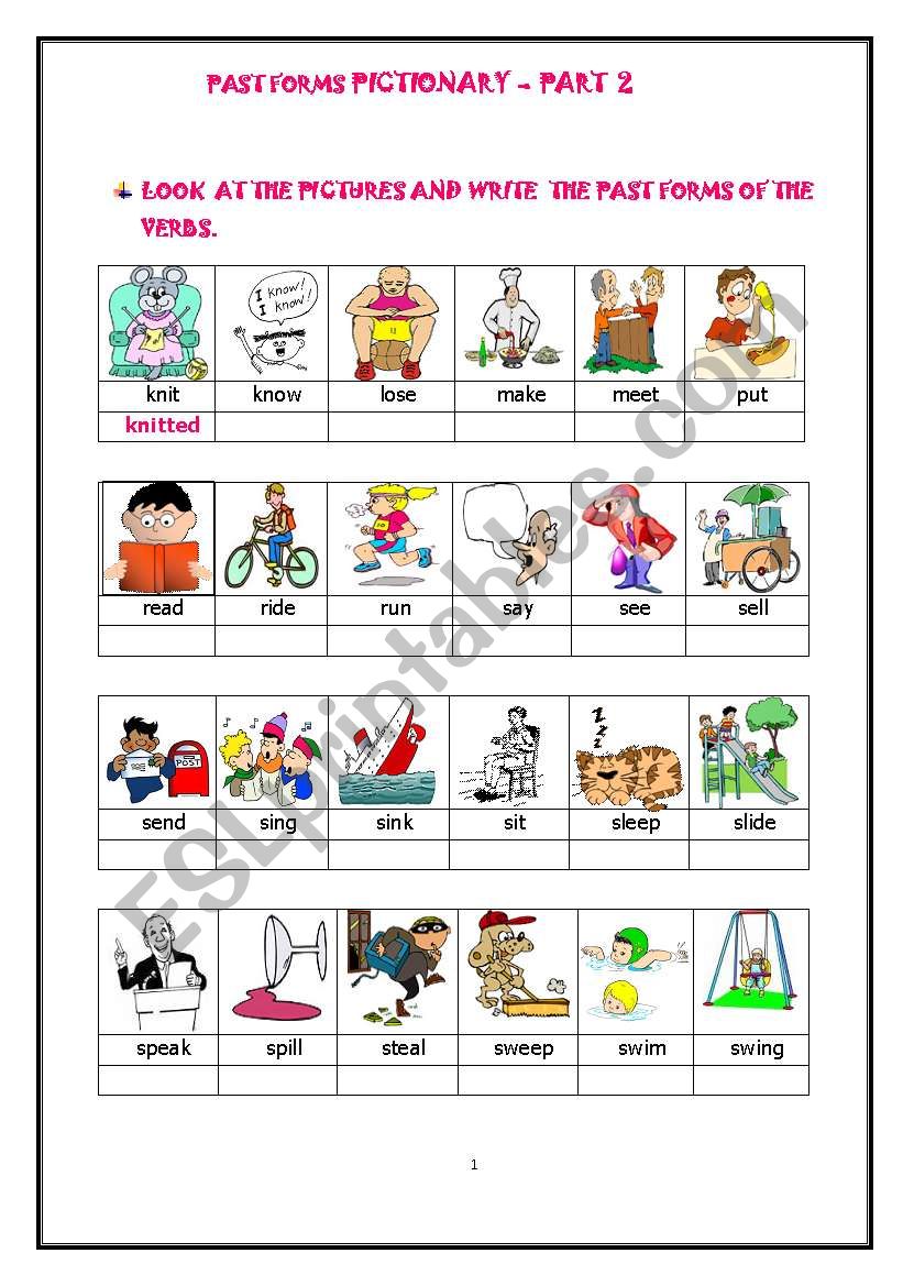 PAST FORMS OF ACTION VERBS - PICTIONARY WORKSHEET- PART 2 of 3