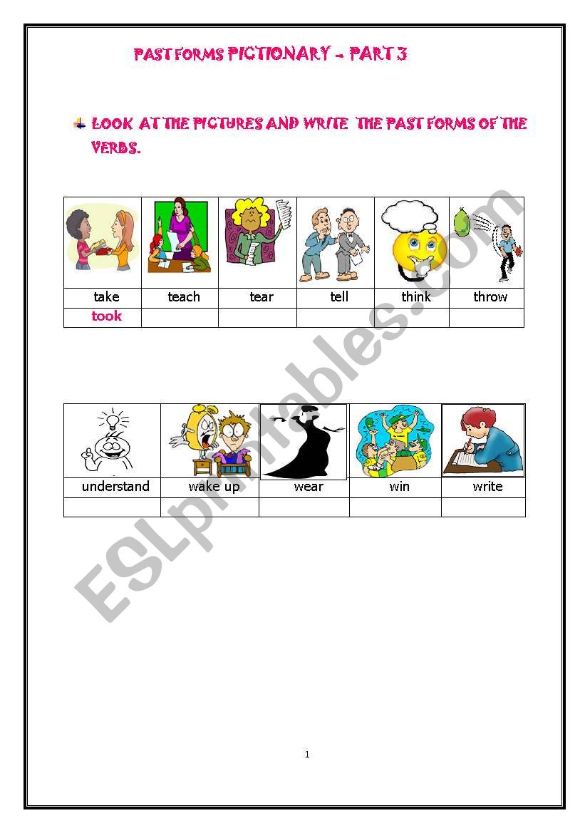 PAST FORMS OF ACTION VERBS - PICTIONARY WORKSHEET - PART 3 of 3