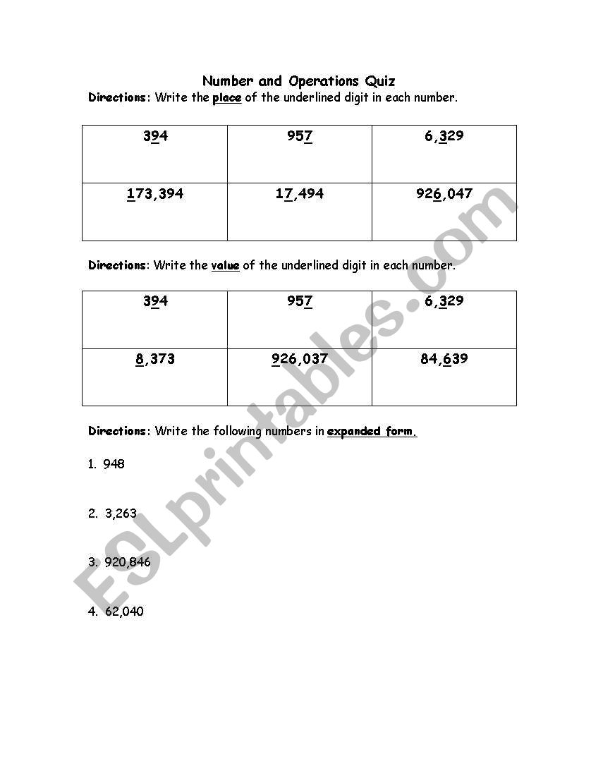 Place Value Quiz worksheet