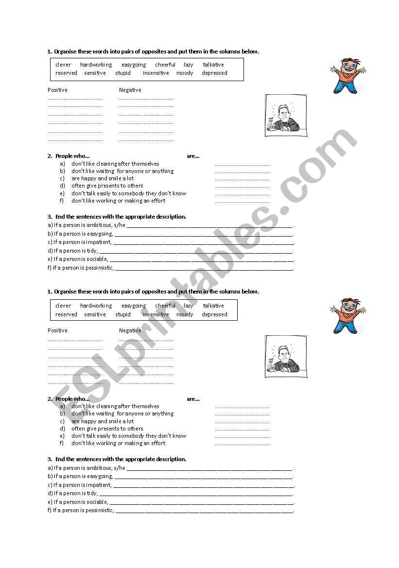 Character adjectives worksheet