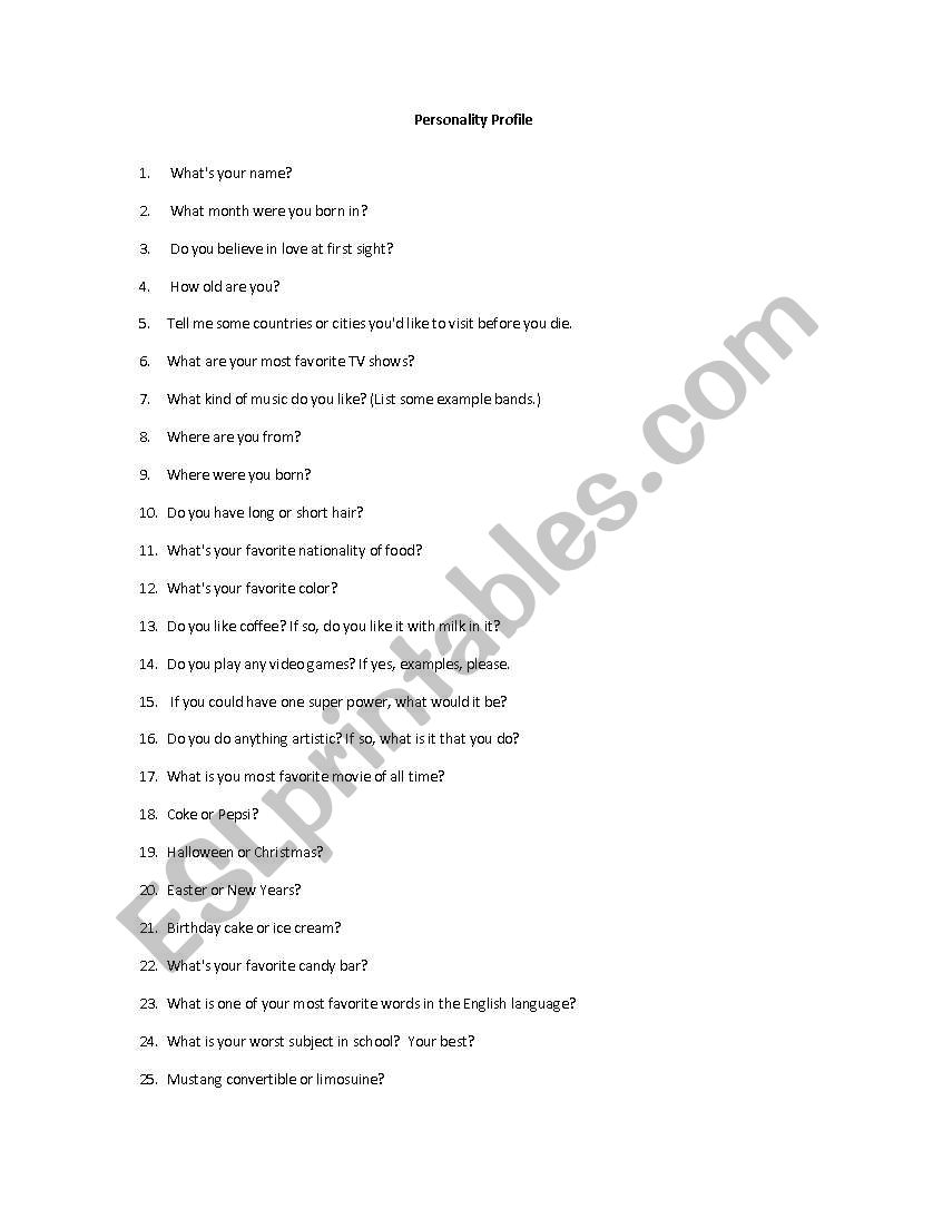 Personality Profile worksheet