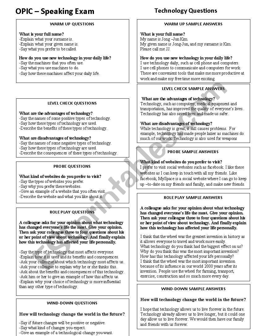 OPIC Technology Questions worksheet