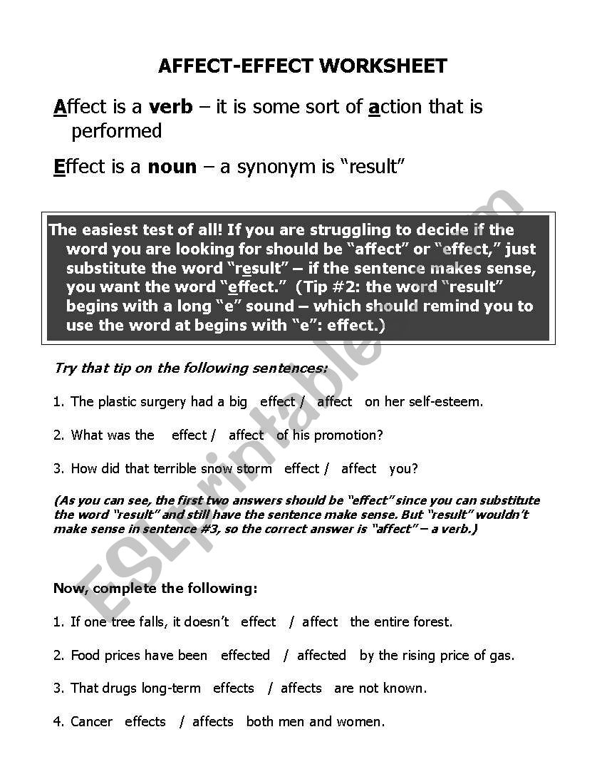 Affect Vs. Effect - ESL worksheet by k_newray Inside Affect Vs Effect Worksheet