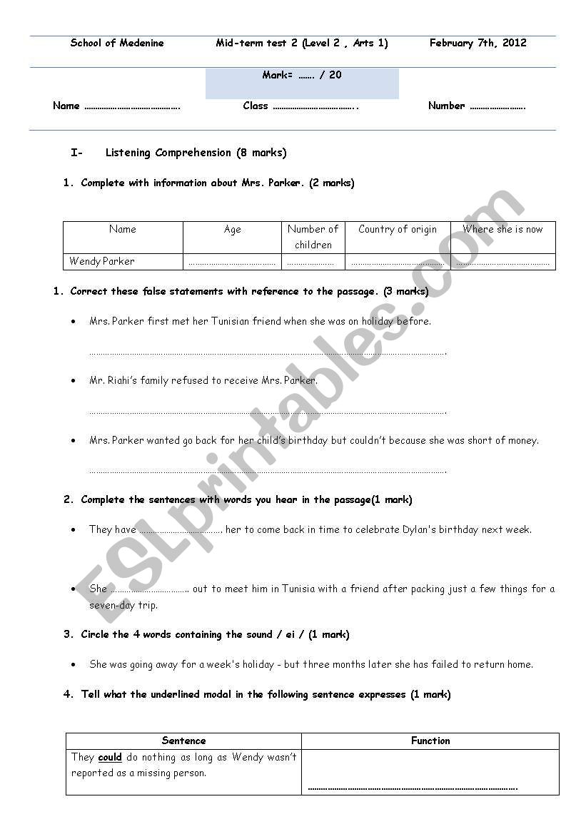  Mid-term test 2, Level 2 worksheet