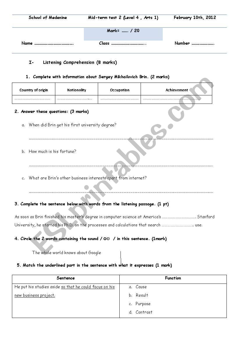 Mid-term test 2, Level 4 worksheet