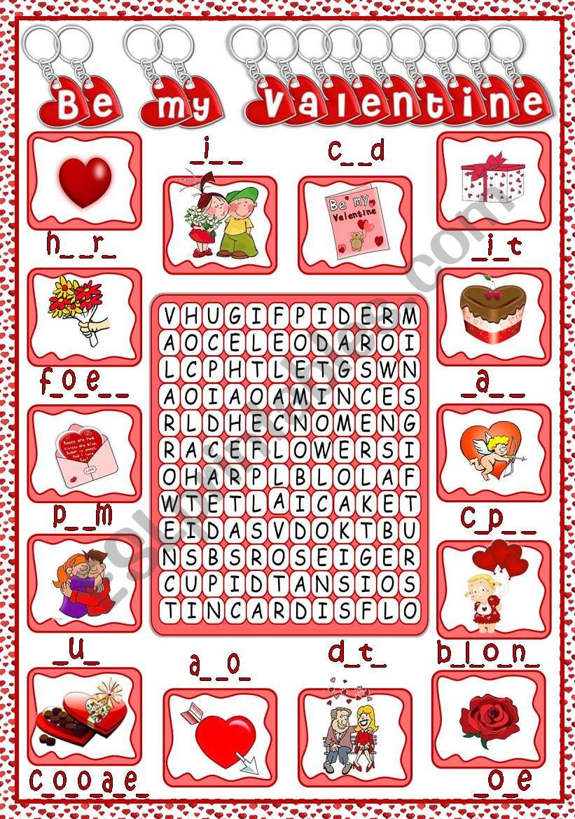 Be my Valentine - wordsearch worksheet