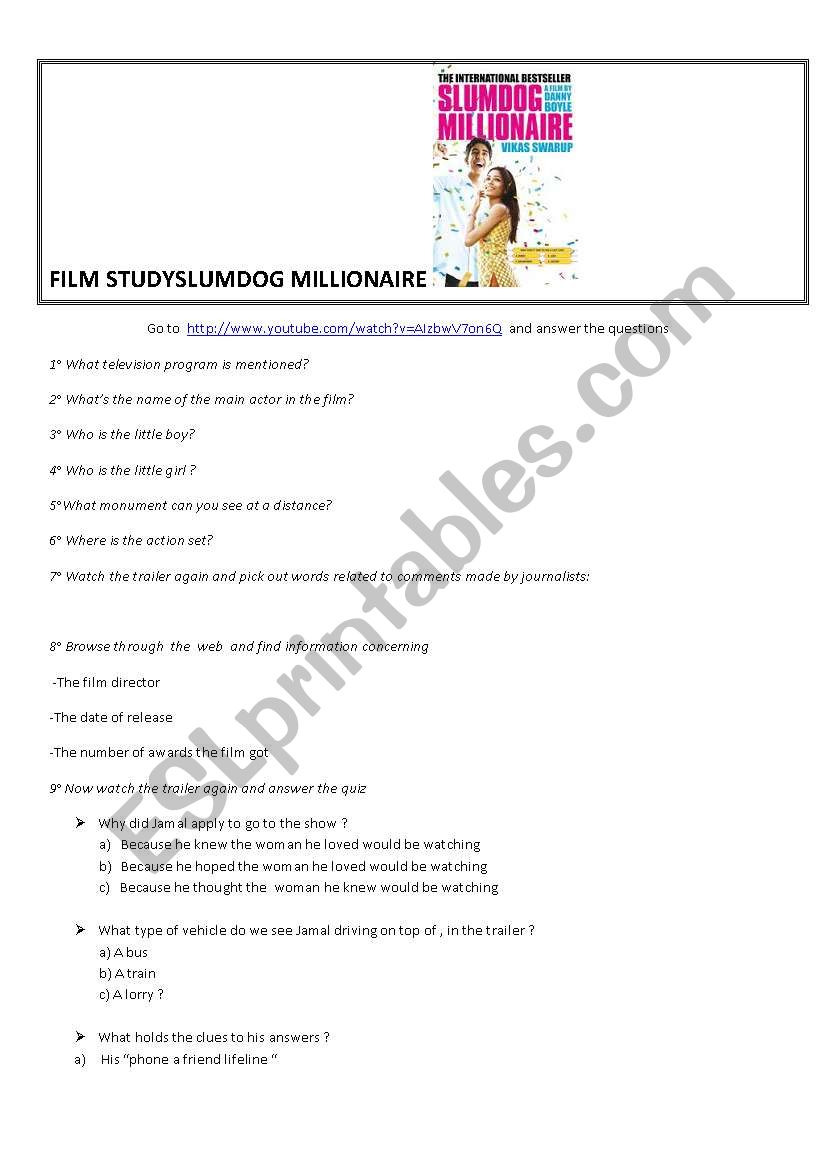 slumdog millionaire worksheet